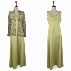 Vintage 70s Dress Women’s L Sleeveless V-Neck Maxi‎ & Floral Sequin Shell
